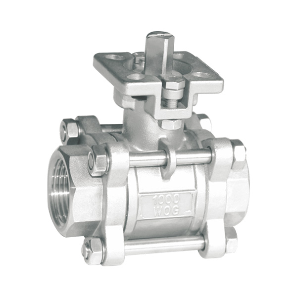 Three piece high platform internal threaded ball valve
